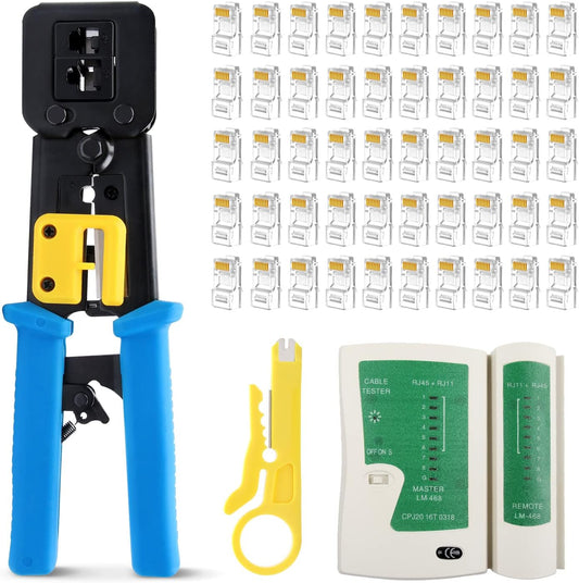 Delgada rj45 Crimp Tool with 50PCS Pass Through Connectors, for Cat6 Cat5e Cat5 Crimping Tool Kit, Network Cable Tester and Wire Stripper Included, for RJ45/RJ12 Regular