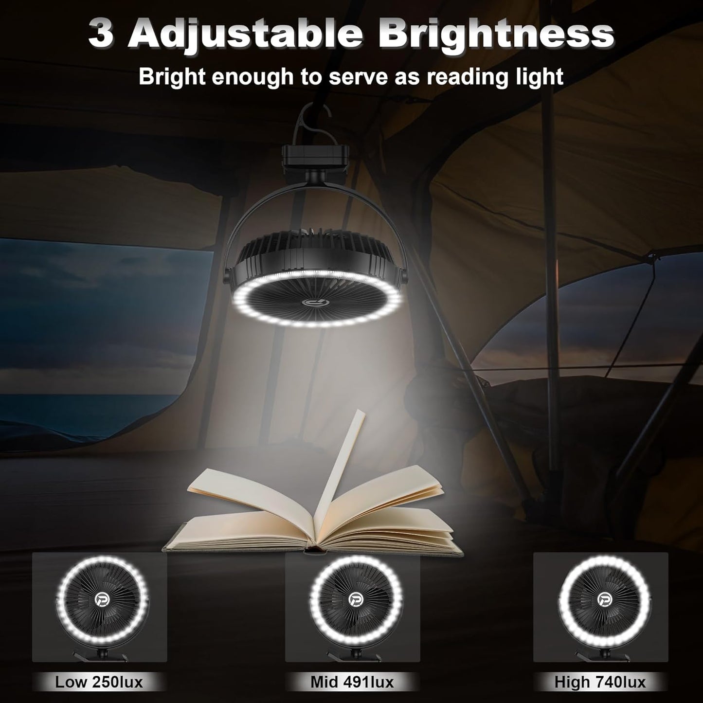 8-Inch Portable Camping Fan with Light, 10000mAh Rechargeable Battery Operated, 3 Speeds Cordless Clip on Table Fan with Hook & Light for Golf Cart Camping Tent Travel Jobsite Hurricane Power Outage