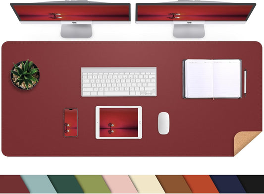 Leather Desk pad Protector, Large Desk mat with Natural Cork & PU Leather,Mouse pad,Non-Slip Office Desk Mat,Waterproof Desk Writing Pad for Office and Home (47in*17in, red)