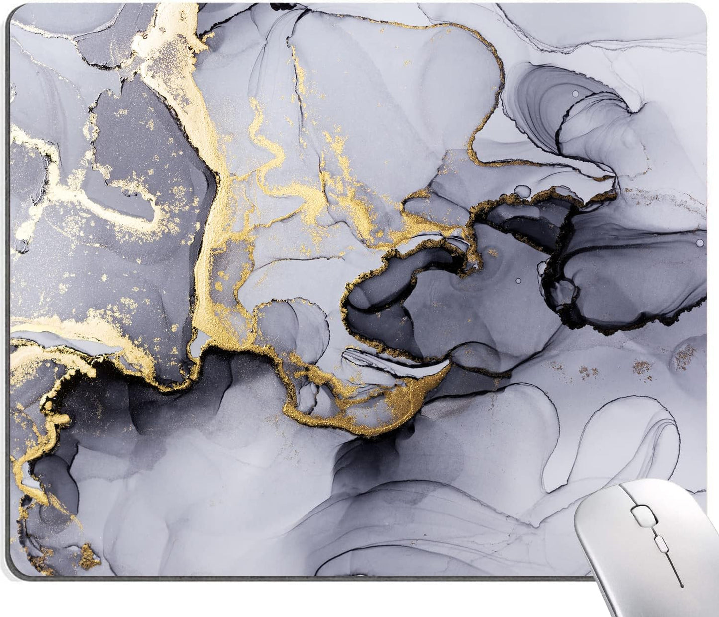 Mouse Pad, Cute Personalized Mouse Pads with Marble Design, Square Washable Cloth Mouse Mat, Gaming Office Home Non-Slip Rubber Base Computer Mousepad, Black Grey Gold Marble