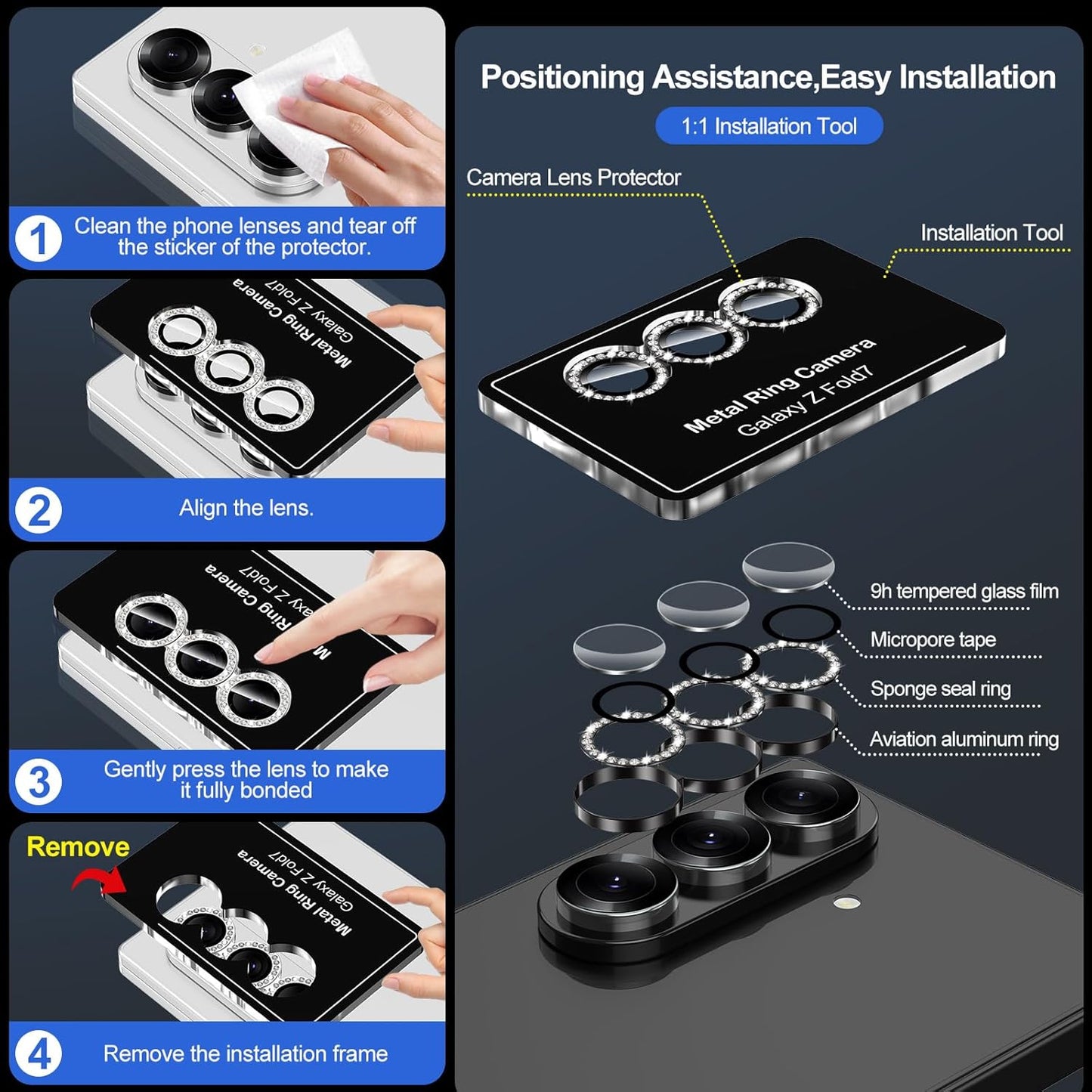 for Samsung Galaxy Z Fold 7 Camera Lens Protector, Individual Metal Ring Tempered Glass Lens Cover, [Strong Adsorption] Scratch Resistant Ultra-Thin HD Clear Lens Cover, 1 Set-Black Diamond