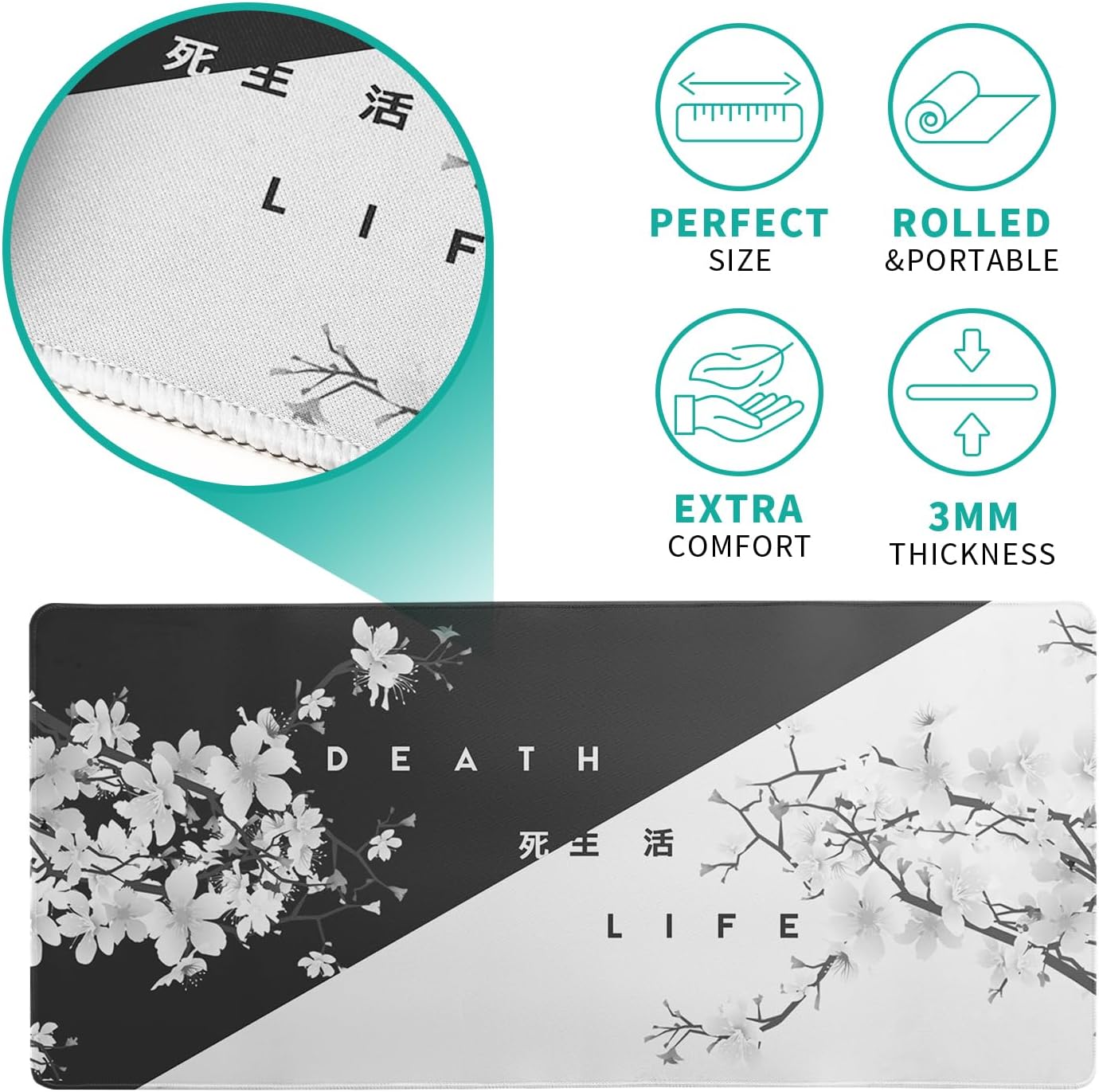 Black and White Mouse Pad 31.5 X 11.8 Inch Japanese Cherry Blossom Extended Large Mouse Mat Non-Slip Rubber Mousepad Stitched Edges Keyboard Mouse Mat Desk Pad for Office Home Game