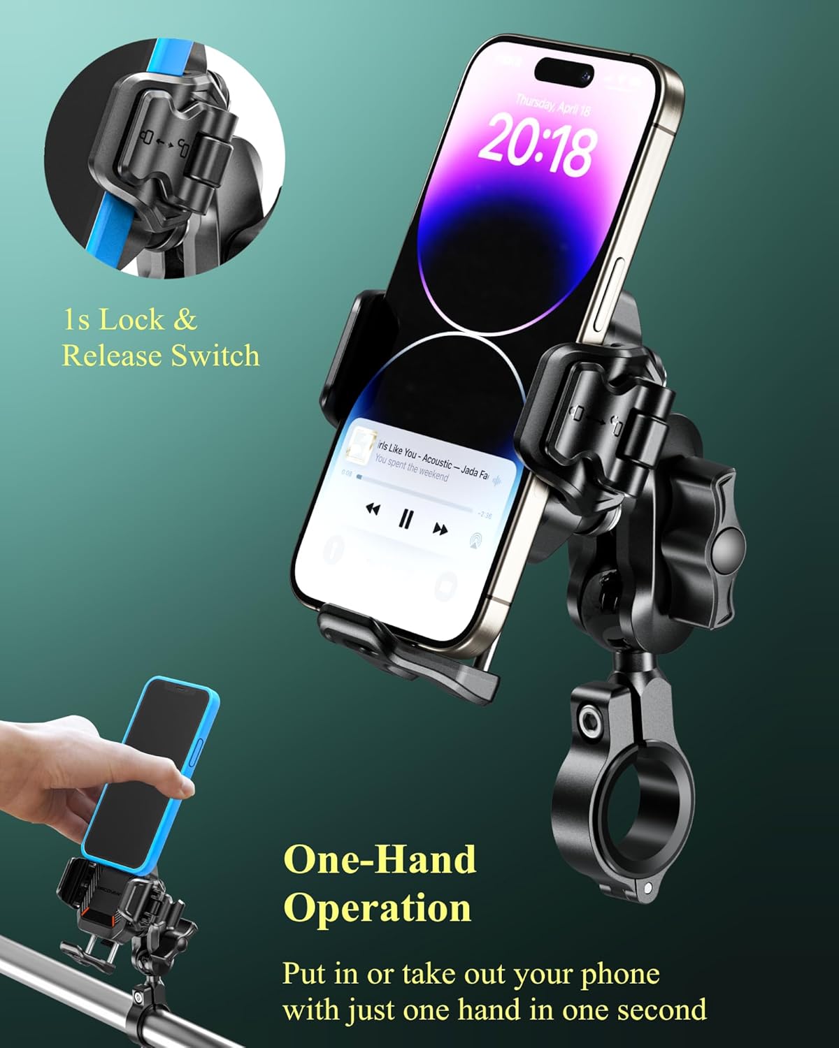 BRCOVAN Anti-Theft Motorcycle Phone Mount with Vibration Dampener, [1s Lock] [Camera Friendly] Handlebar Cellphone Holder for Bike Bicycle Scooter ATV, Adjustable Size Fit 5.4-7.2" Smartphone