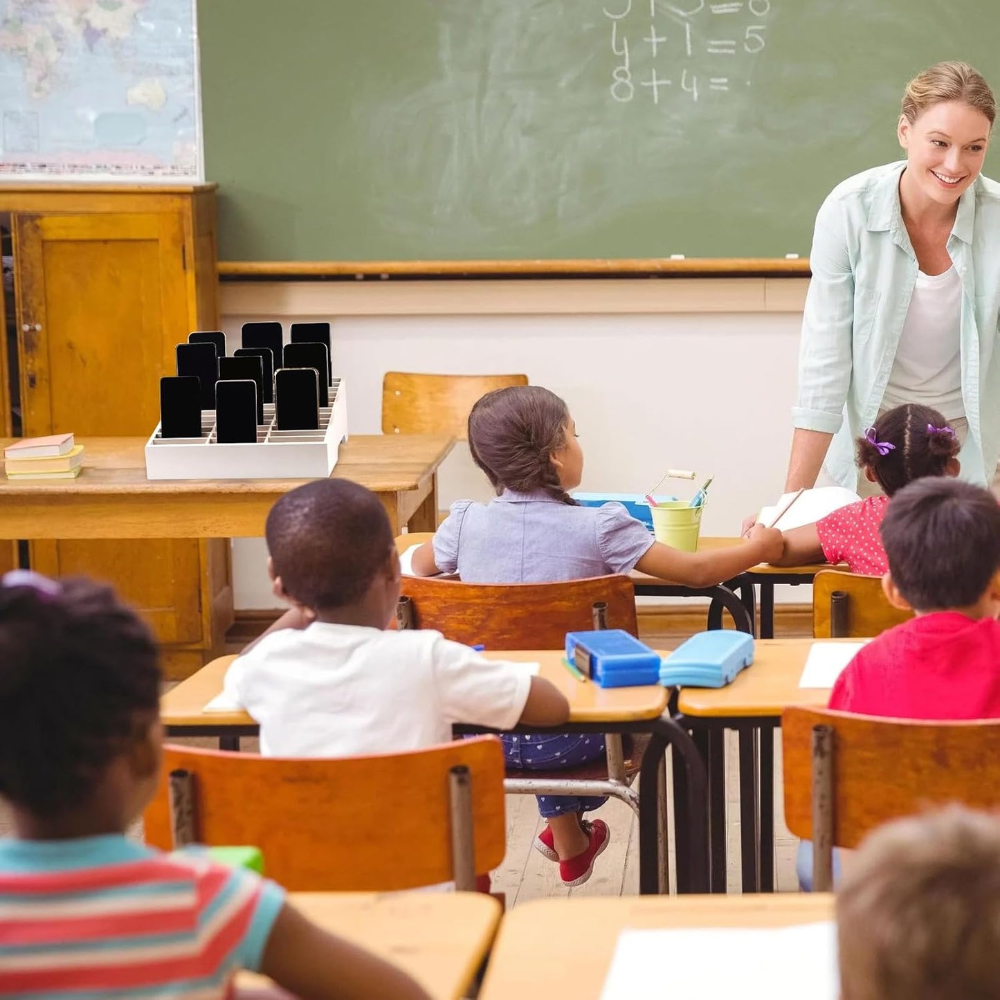 Wooden 36-Grid Cell Phones Storage Box Desktop Mobile Phone Holder Organizer for Office School Classroom (36-Grid White)