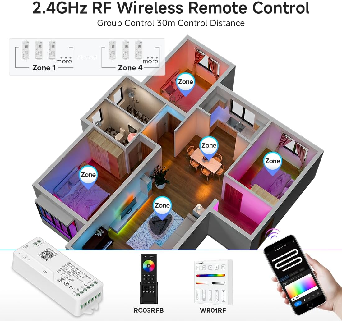 BTF-LIGHTING 2.4G WiFi DR04W SPI RGBW Controller Tuya APP/Smart Life/Google Home/Alexa Control Support SK6812RGBW SMD/FCOB WS2814 IC etc Addressable RGB+W LED Strip STA Mode