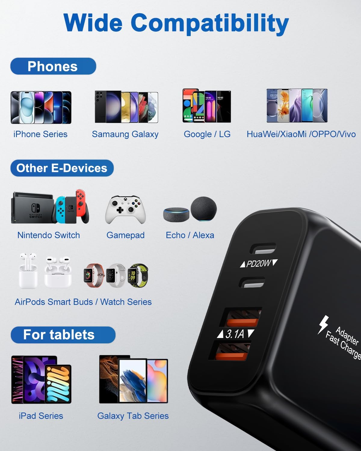 40W USB C Charger Block, 3 Pack 4-Ports Type C Fast Charging Cubes PD USBC Wall Plug+QC 3.0 USB A, Multiple USB C Charger for iPhone 16/15/14/13/12/11 Pro Max/XS, Samsung Galaxy, iPad, Tablet, Pixel