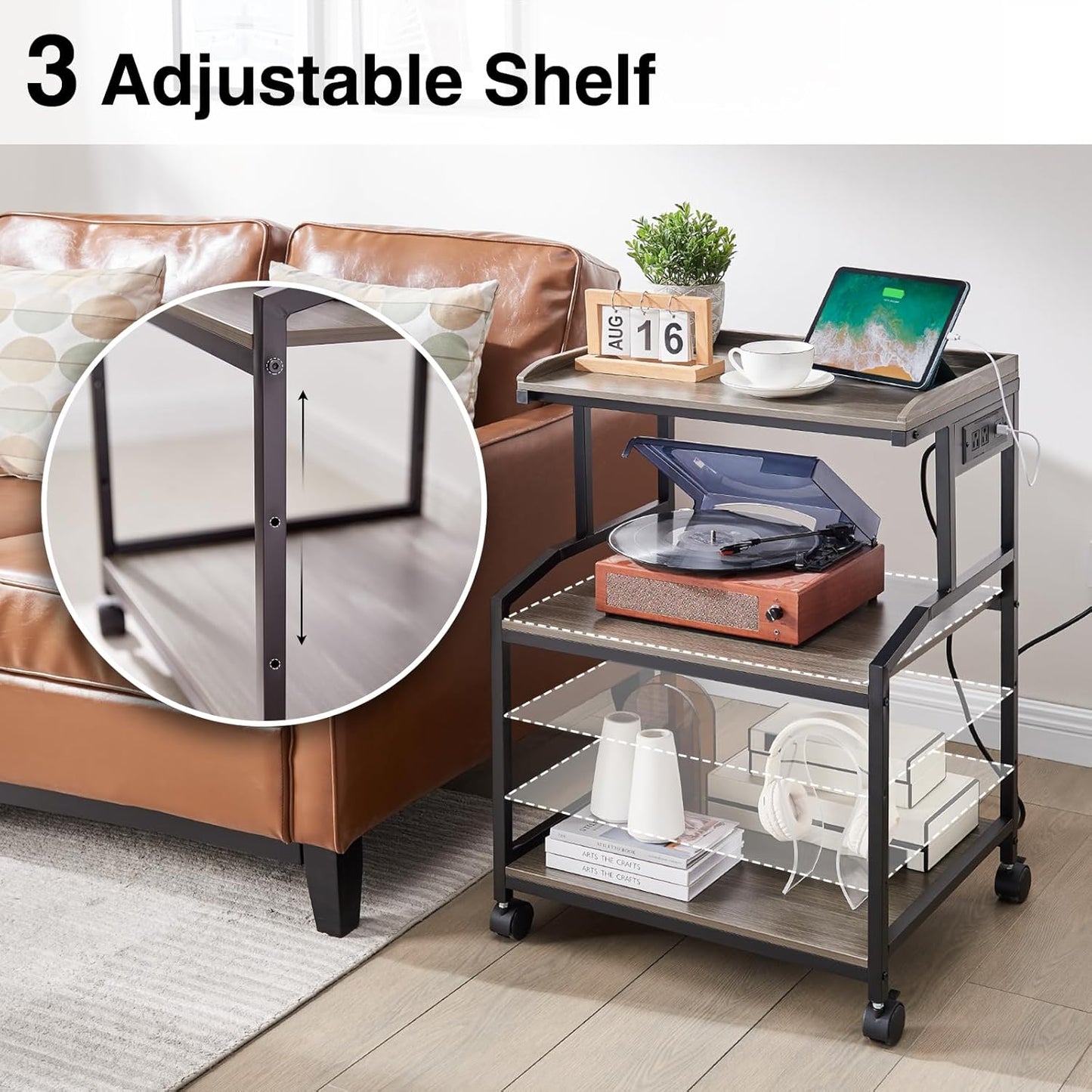 Lauren&Harold 34'' Printer Stand with Power Outlets & USB Ports, 3-Tier Adjustable Rolling Cart, Heavy Duty 150LBS Storage Table with Wheels for Office, Kitchen, Living Room, Grey/Black