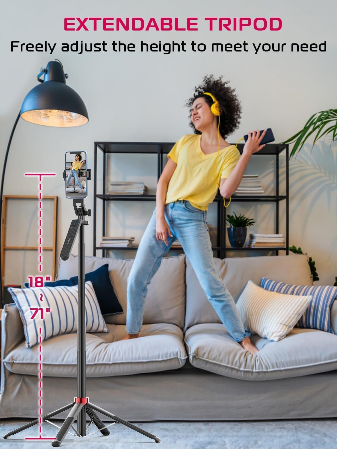 ULANZI MA09 Extendable Selfie Stick Tripod Stand - 71" Quadrapod with All-in-1 Phone Clip, Travel Tripod for iPhone, Sony, Canon Action Camera