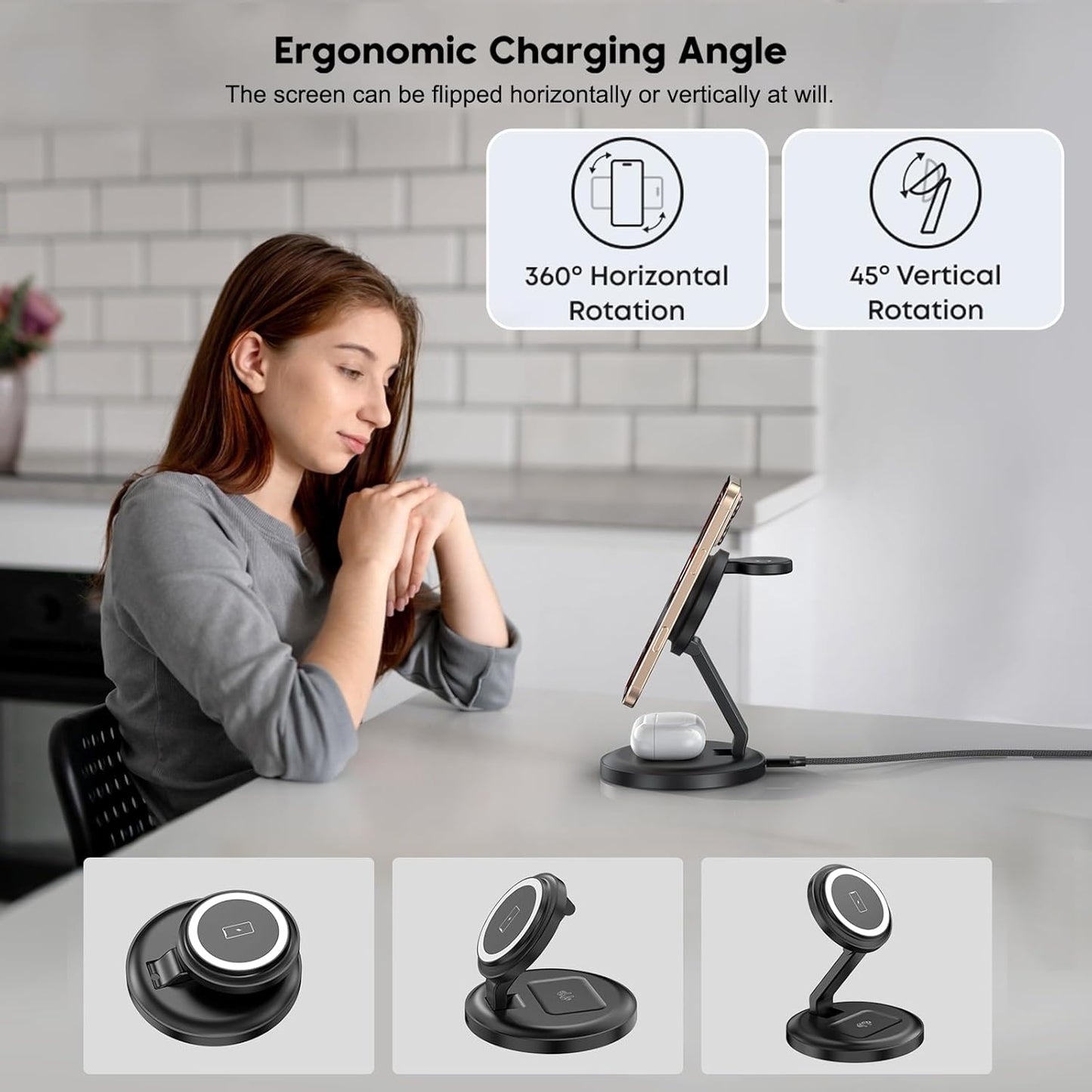 Charging Station, 3 in 1 Foldable Wireless Charger iPhone Charging Station Charger Stand Multiple Devices for Apple, with PD Adapter and USB C Cable for iPhone 16 15 14 Pro & iWatch&AirPods All Series