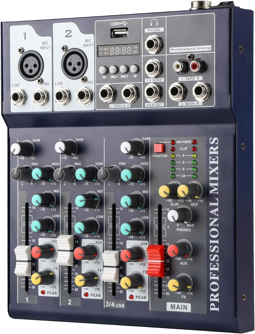 Dj Mixers 4 Channel Audio Mixer Sound Board with Bluetooth, Usb Audio Interface with 48V Phantom Power Sounds Mixer Board with FX Reverb Delay Effect for Streaming