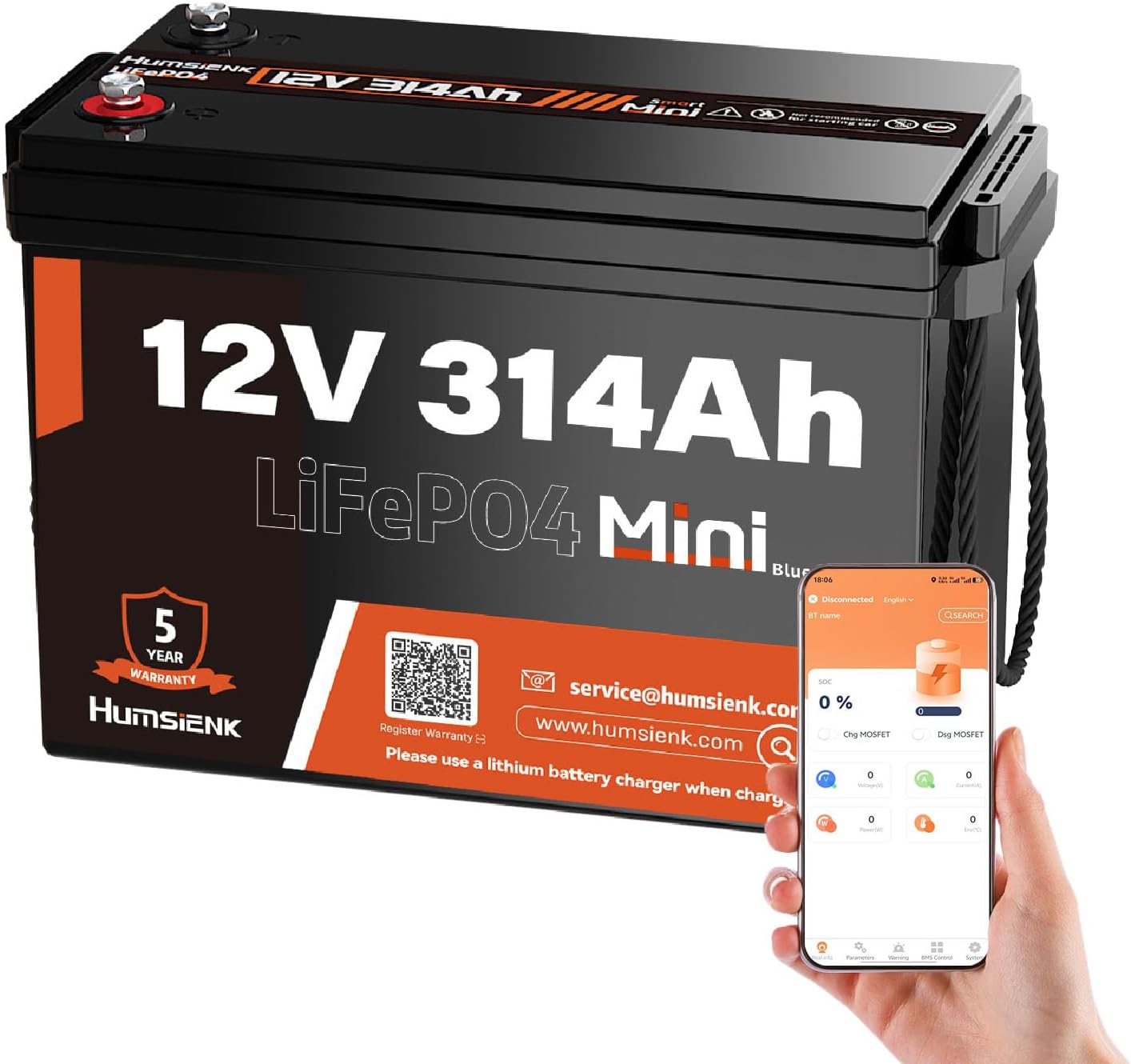 12V 300Ah (314Ah) LiFePO4 Lithium Battery Bluetooth MINI, Max. 4190Wh Energy, EV A+ Cells, Built-in 100A BMS, 15000 Deep Cycles Batterys for RV, Marine, Solar