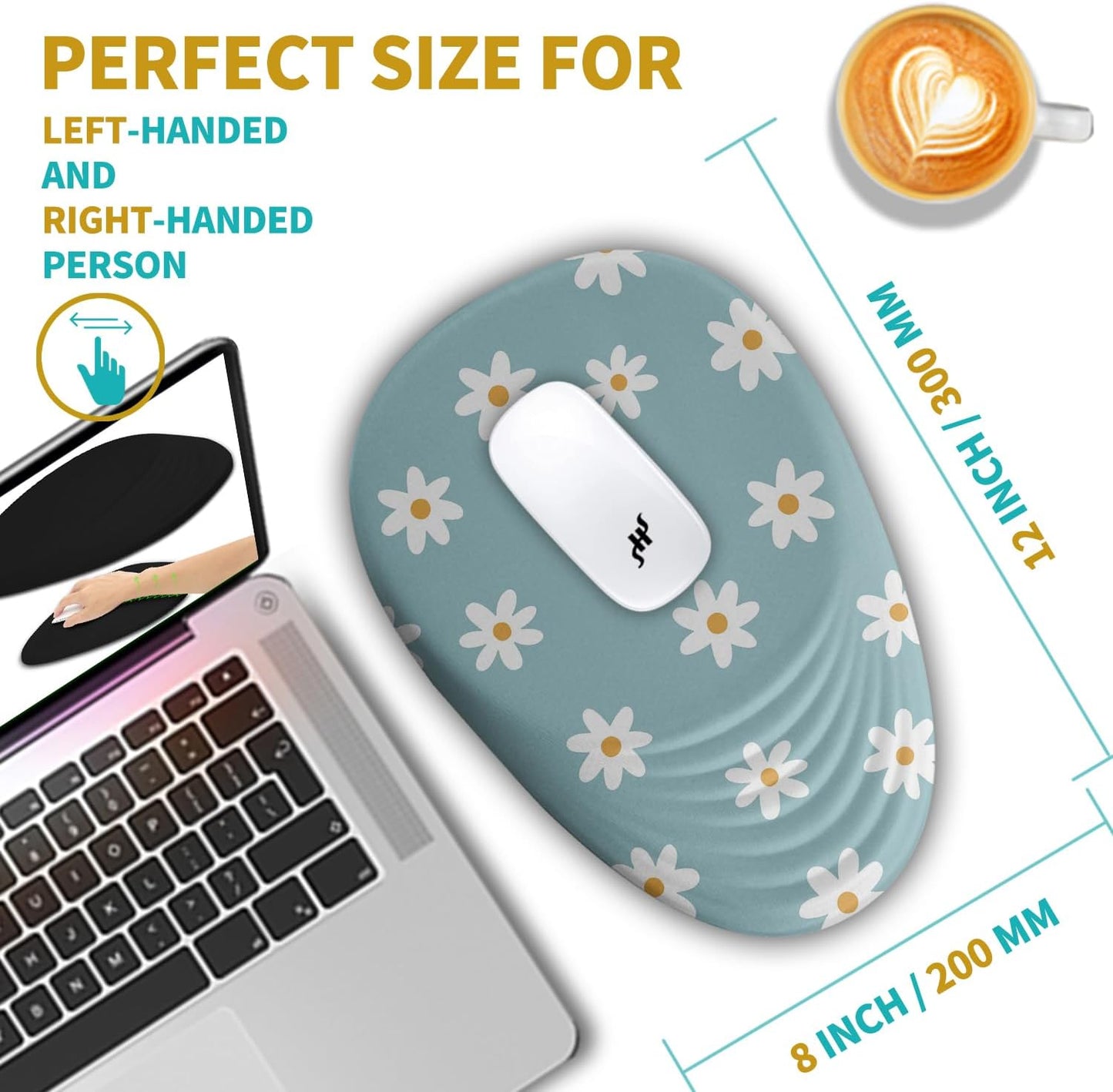 Hokafenle Ergonomic Mouse Pad Wrist Support with Stepped-Wedge Design, Wrist Rest Pain Relief Mousepad Filled with Memory Foam, Carpal Tunnel Mousepad for Wireless Mouse(12x8 inch, Little Daisy)