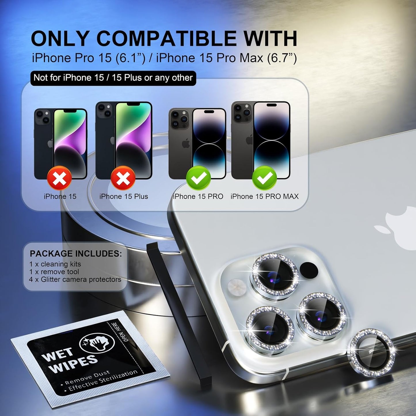 Choiche Compatible for iPhone 15 Pro/iPhone 15 Pro Max Camera Lens Protector Bling, 9H Tempered Glass Camera Cover Screen Protector Metal Ring Decoration Accessories (Glitter-Silver)