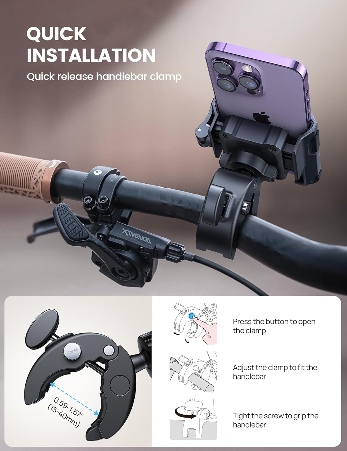 Lamicall Motorcycle Phone Mount Holder - [Camera Friendly] [1s Lock] Bike Phone Holder Handlebar Clamp, Bicycle Scooter Phone Clip, for iPhone 16 Pro Max, 15 14 13, Galaxy S25 Ultra, 4.7-7" Phones