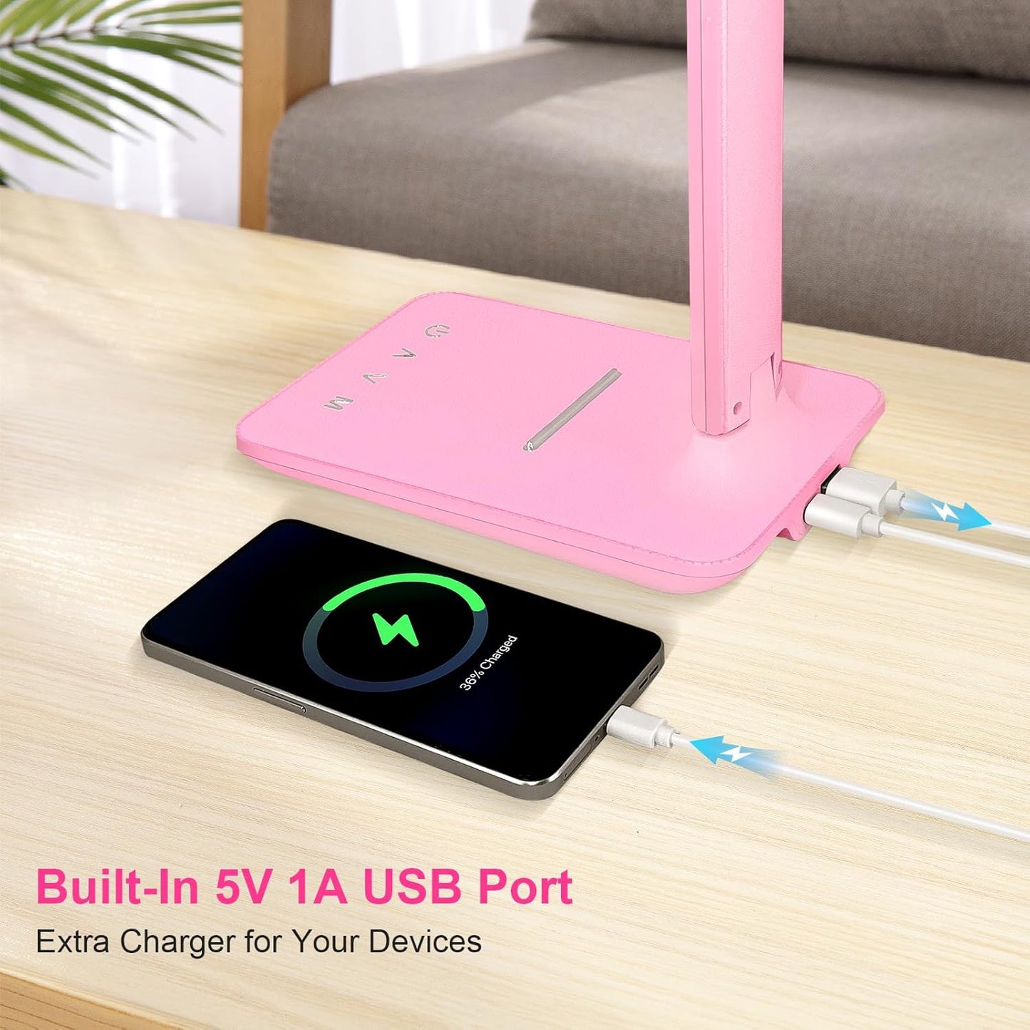 White crown LED Desk Lamp Dimmable Table Lamp Reading Lamp with USB Charging Port, 5 Lighting Modes, Sensitive Control, 30/60 Minutes Timer (Pink, First-Generation)