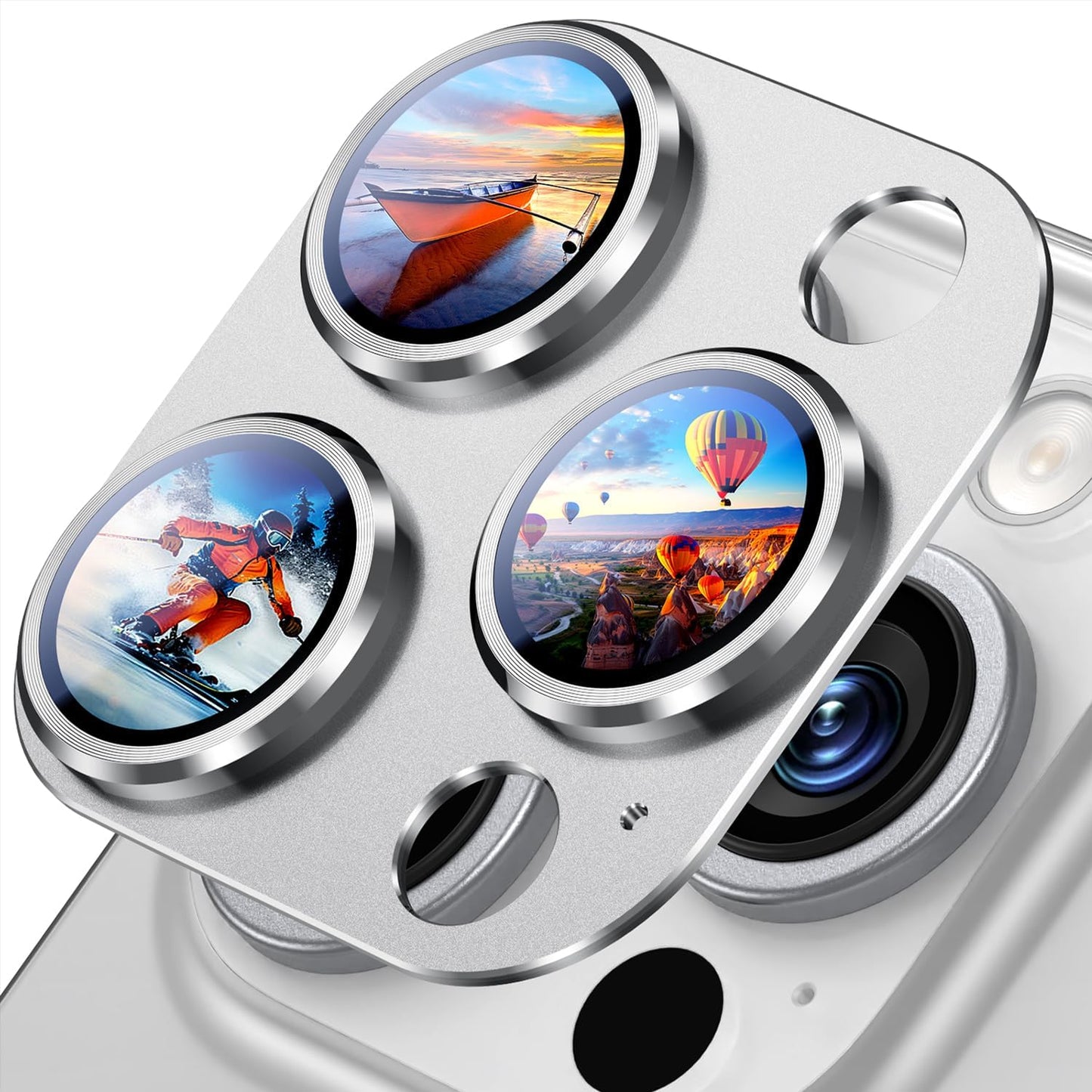 Uyiton Compatible with iPhone 16 Pro/iPhone 16 Pro Max Camera Lens Protector - [Not Easy to Break][Strong Adsorption][Case-Friendly] Metal Tempered Glass Rear Camera Screen Cover - White Titanium