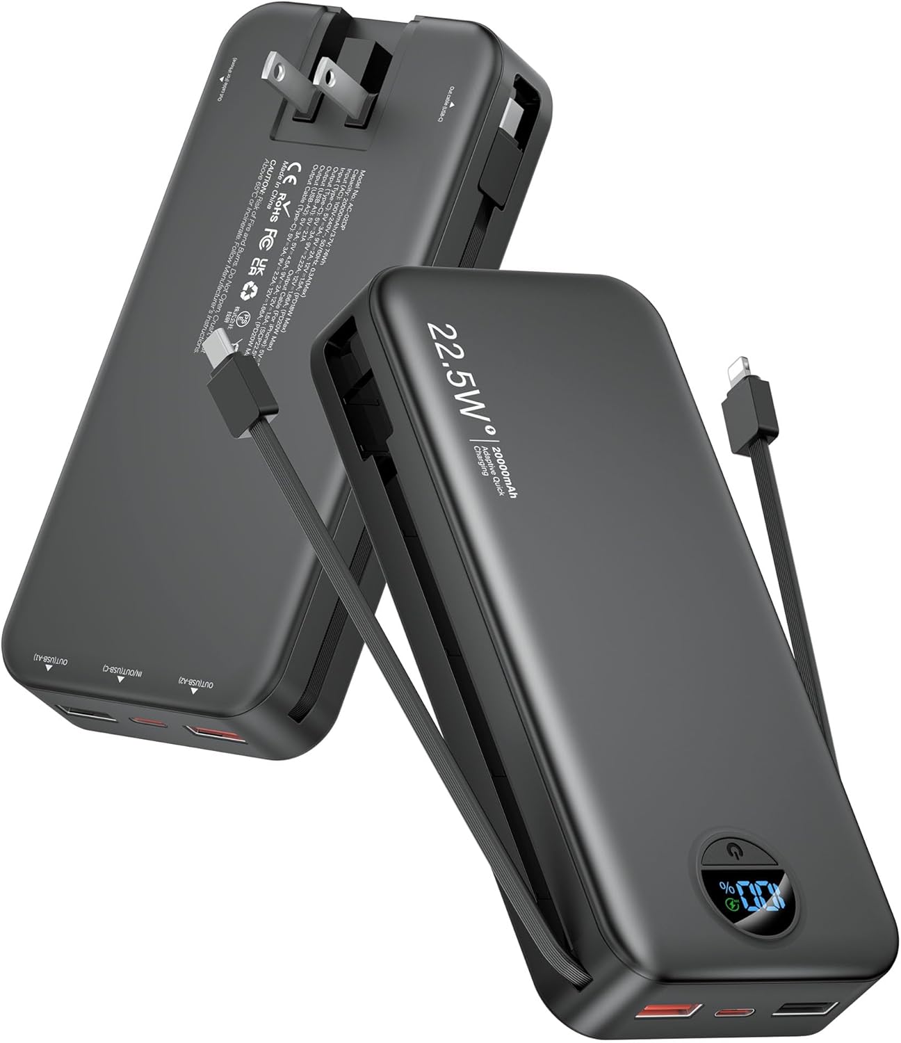 Portable Charger Power Bank, 20000mAh 22.5W USB C Fast Charging with Built-in Cables & Wall Plug, External Battery Bank with LED Display, Travel Essential Compatible with iPhone, iPad, Samsung Black