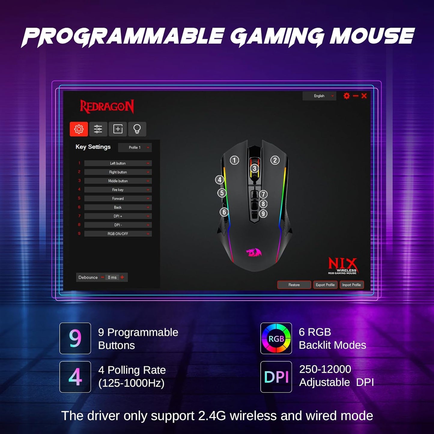 Redragon Wireless Gaming Mouse, Tri-Mode 2.4G/USB-C/Bluetooth Mouse Gaming, 12000 DPI, RGB Backlit, Fully Programmable, Rechargeable Wireless Computer Mouse for Laptop PC Mac, Black