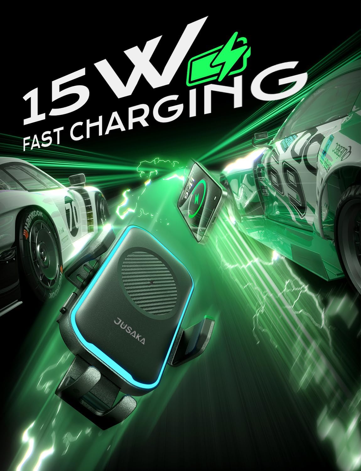 Wireless Car Charger, 15W Fast Charging Auto Clamping Car Phone Holder Mount, [Vent Clip+Suction Cup] Car Phone Holder Wireless Charger with iPhone 16/15/14/13, for Samsung Galaxy Series