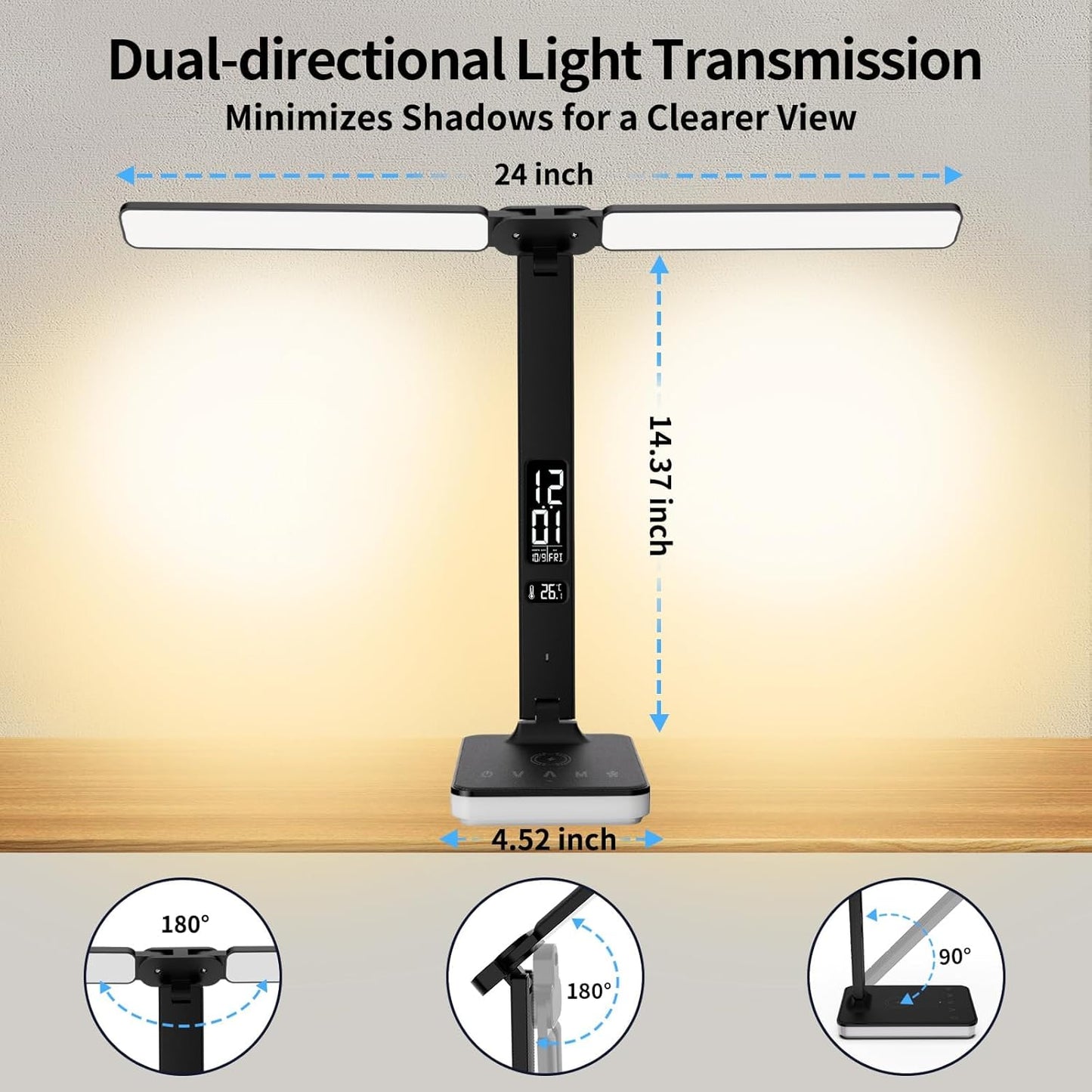 LED Desk Lamp with Charger, USB Charging Port, Dual Swing Arm Desk Light with 5 Brightness, 3 Colors, Table Lamp with Clock, Alarm, Date, Temperature, Desk Lamp for Home Office Study (Black)
