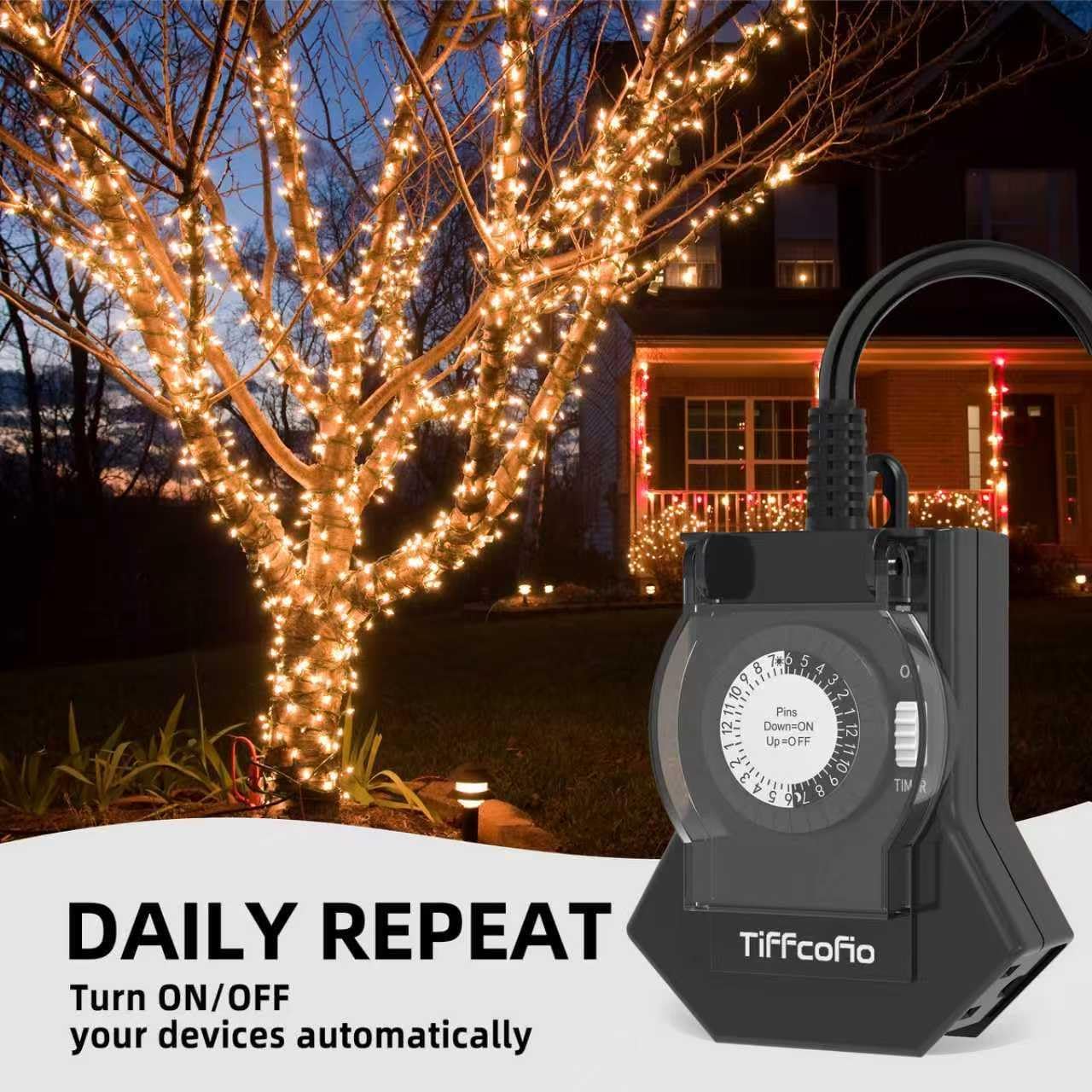 Outdoor Timer Outlet Waterproof, 24 Hour Mechanical Light Timer Outdoor, 2 Grounded Outlets for Home and Garden, 15A 1/2HP, Heavy Duty, ETL Listed (2 Packs)