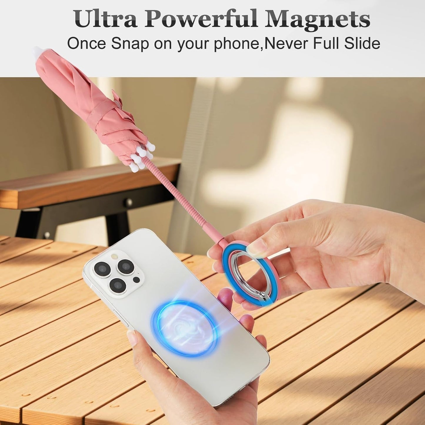 Magnetic Umbrella Phone Stand for Sun Protection,Adjustable Sun Shade Shield for iPhone 16/15/14/13/12 Pro Max,Samsung & Google,Detachable Ring Stand,Heat-Resistant Design,Car Mount Compatible, Pink