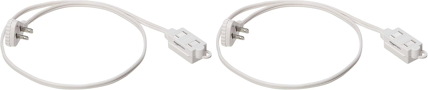 Amazon Basics Extension Cord with Multiple Outlets, 3 ft 2-Prong Indoor Power Strip, Flat Plug, 13 Amps, 1625 Watts, 125 VAC, White, 2-Pack