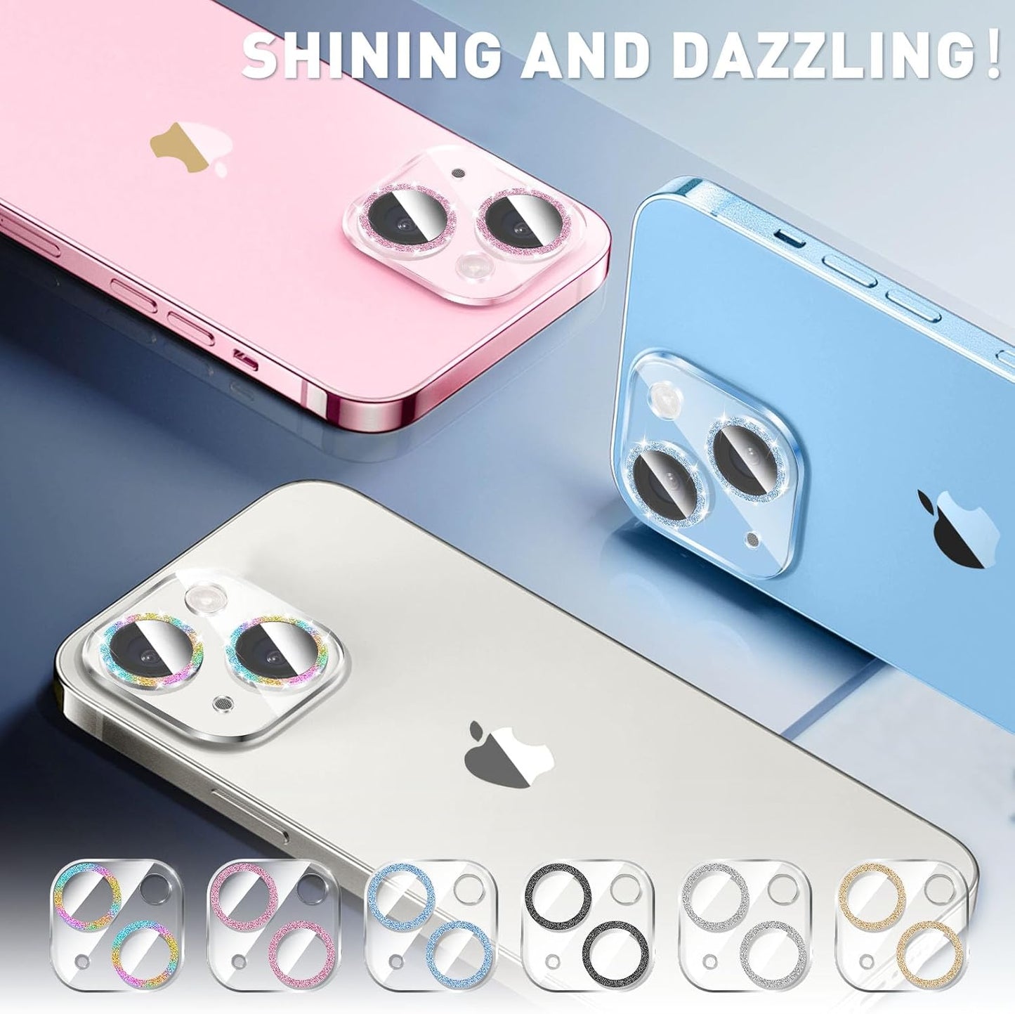 LucBuy 3PCS Sparkling Camera Lens Protector for iPhone 13/iPhone 13 Mini, Full Clear Acrylic Cover with Shiny Colorful Glitter Designed Decoration Back Camera Protector