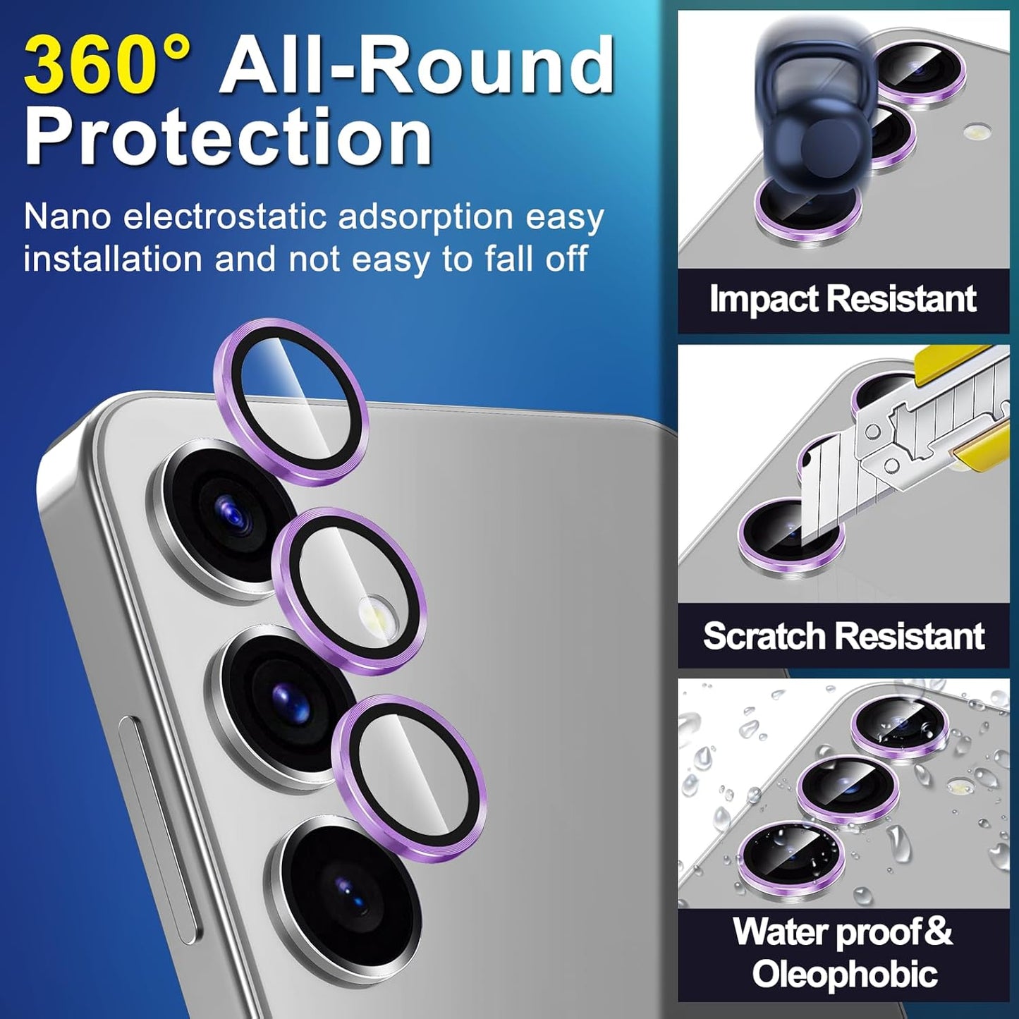 for Samsung Galaxy S24 FE Camera Lens Protector, Individual Metal Ring Tempered Glass Lens Cover, [Strong Adsorption] Scratch Resistant Ultra-Thin HD Clear Lens Cover, 1 Set-Purple