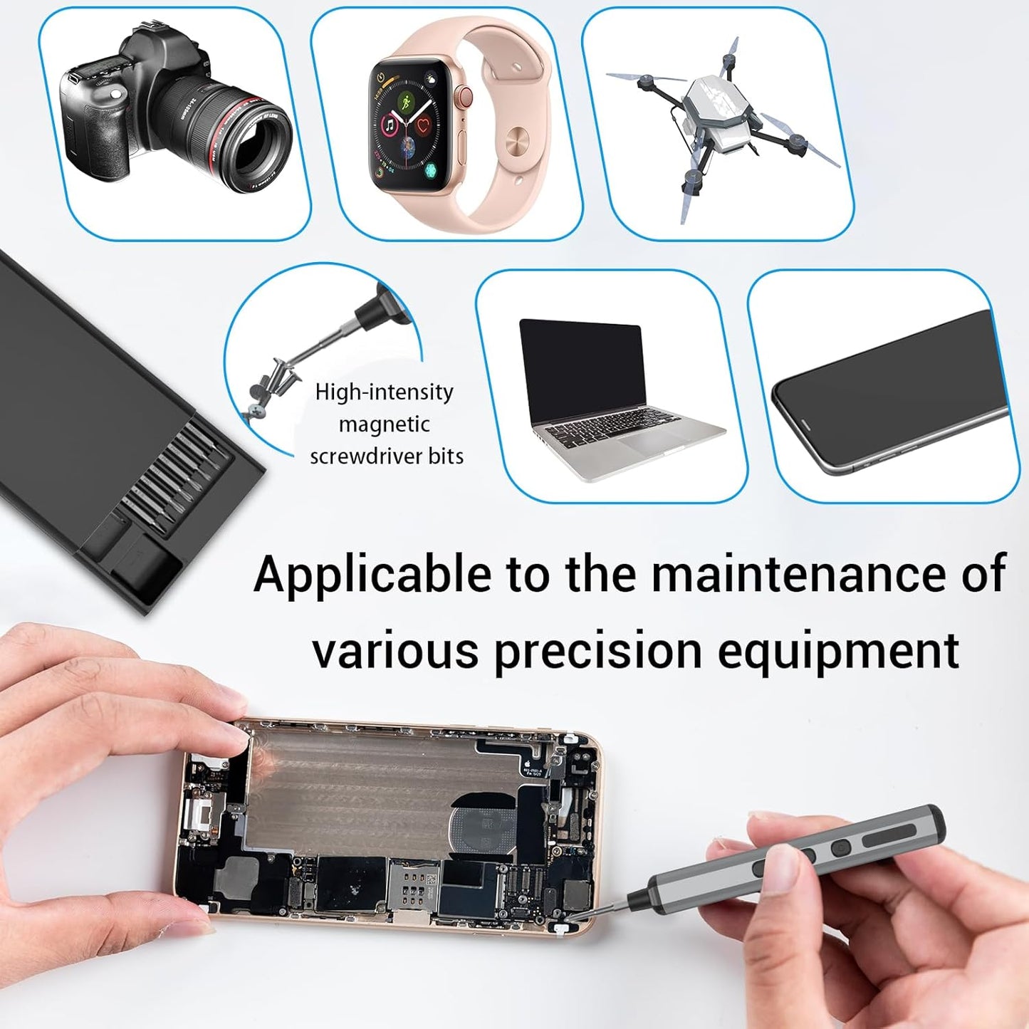 Mini Electric Screwdriver Set for Phone Watch Electronics PC Glasses with 68-in-1 Magnetic precision S2 bits, Adjustable Torque LED lights, Cordless Portable long runtime Rechargeable Type-C port