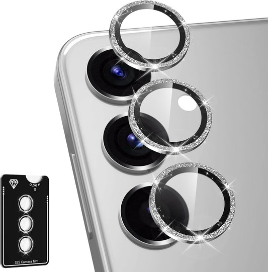 for Samsung Galaxy S25 Plus Camera Lens Protector, Individual Metal Ring Tempered Glass Lens Cover, [Strong Adsorption] Scratch Resistant Ultra-Thin HD Clear Lens Cover, 1 Set-Silvery Sparkly
