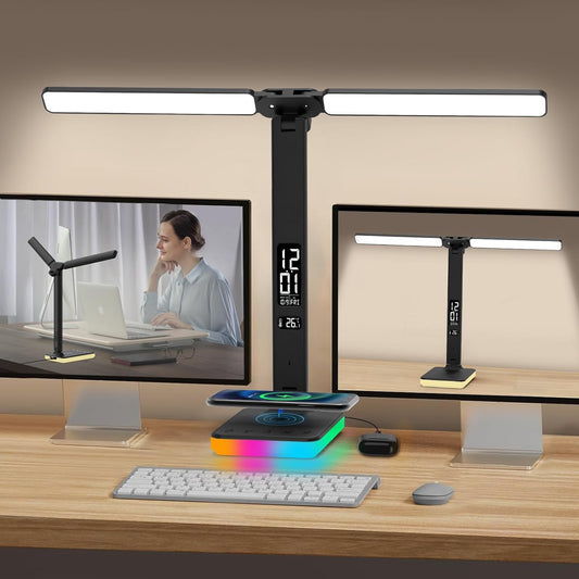 LED Desk Lamp with Charger, USB Charging Port, Dual Swing Arm Desk Light with 5 Brightness, 3 Colors, Table Lamp with Clock, Alarm, Date, Temperature, Desk Lamp for Home Office Study (Black)
