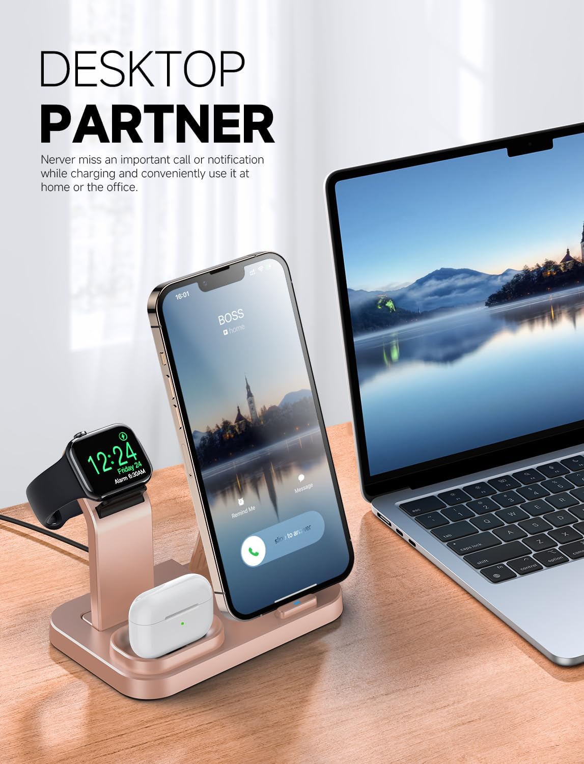 Wireless Charging Station 3 in 1 RJR Compatible with Apple Devices, Charging Dock for iWatch, Built-in Wireless Charger Stand for iPhone Series AirPods Gifts (with 18W Adapter) Rose Gold