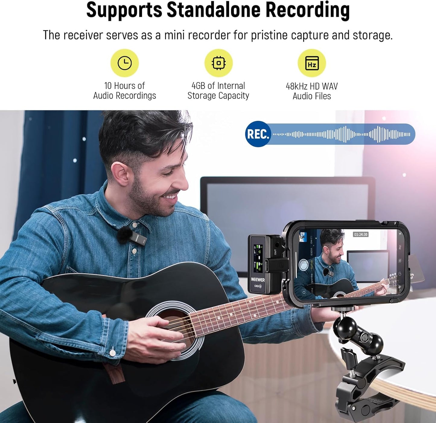 NEEWER CM28 Wireless Lavalier Microphone System with Charging Case Noise Canceling 4GB Storage 9Hrs Recording 48KHz 16 Bit Uncompressed Audio Lapel Mic Compatible with iPhone iPad Android PC Camera