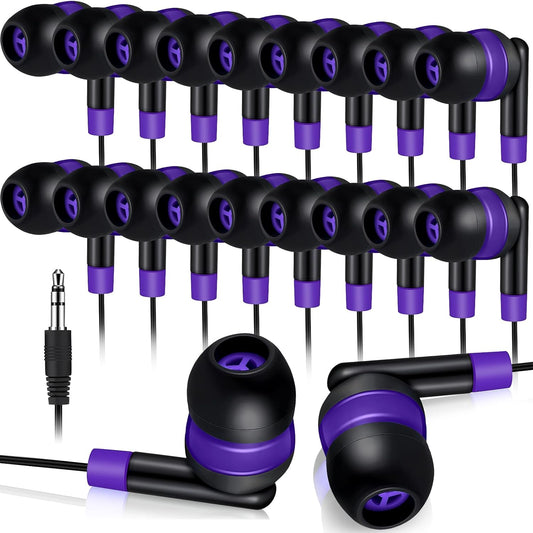 Kanayu 100 Pack Wired Earbuds Bulk for Classroom Ear Headphones Wired Basic Student Earbuds No Microphone with 3.5mm Jack for Kids Class Laptop School Library, Individually Bagged(Purple)