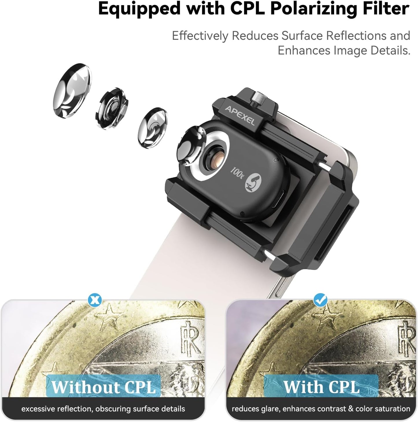 APEXEL Phone Microscope Lens, 100X Phone Micro Lens Nano Zoom for Android/iPhone With LED UV Light/CPL/Universal Clip, Mini Pocket Digital Microscope, Portable Smartphone micro lens Camera Attachments