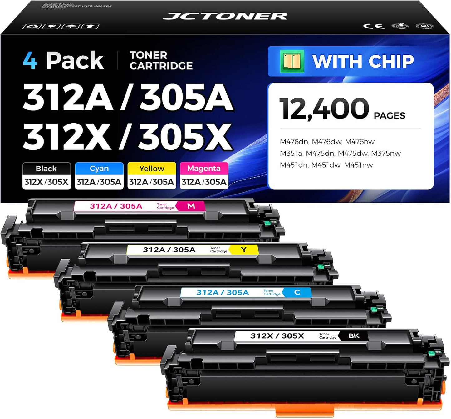 312A 305A Toner Cartridge Set 4-Pack Replacement for HP 312A 305A CF380A CE410A for Laserjet Pro 400 Color MFP M475dn M475dw M451dn M451dw M451nw Pro 300 M375nw M351a M476dw M476nw M476dn Printer Ink