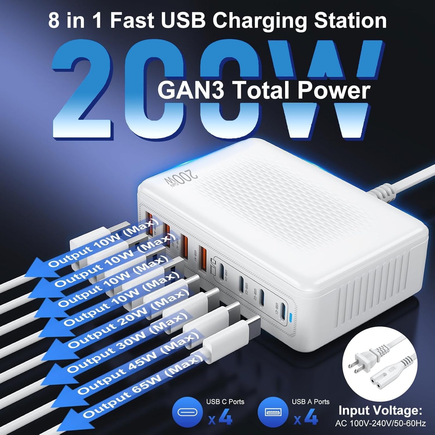 USB C Charger Block Charging Station - 200W Fast GaN 8-Port Multiple USB Charging Hub,65W Laptop Charger Compatible with MacBook Pro/Air,iPad,iPhone 16/15/14, Samsung S25/24,DELL,Steam Deck,5ft Cord