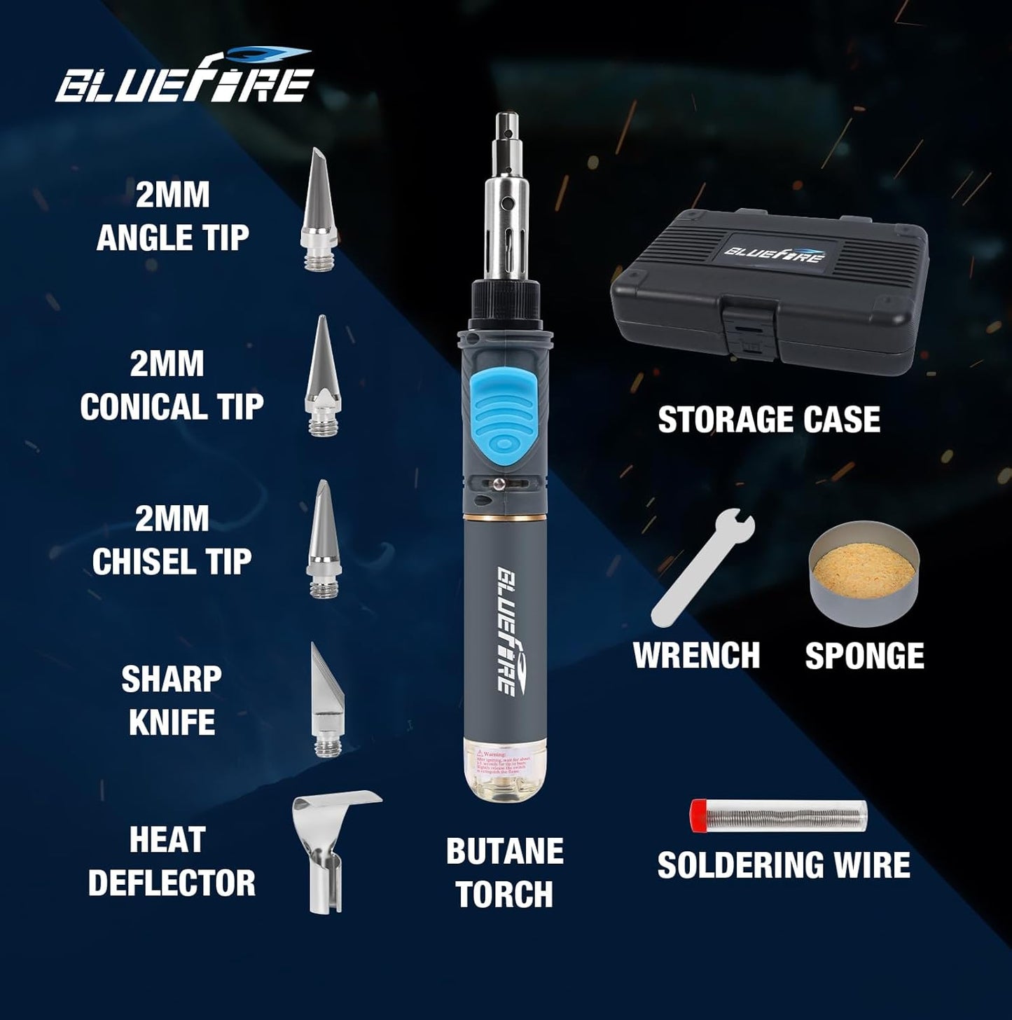 BLUEFIRE MRT-1117K Cordless Butane Soldering Iron Kit Portable Multi-Purpose Mini Torch for Electronics, Jewelry, Welding & Brazing|Self-Igniting,Flame Control,Light Weight,Rapid Heat Up,Inflatable