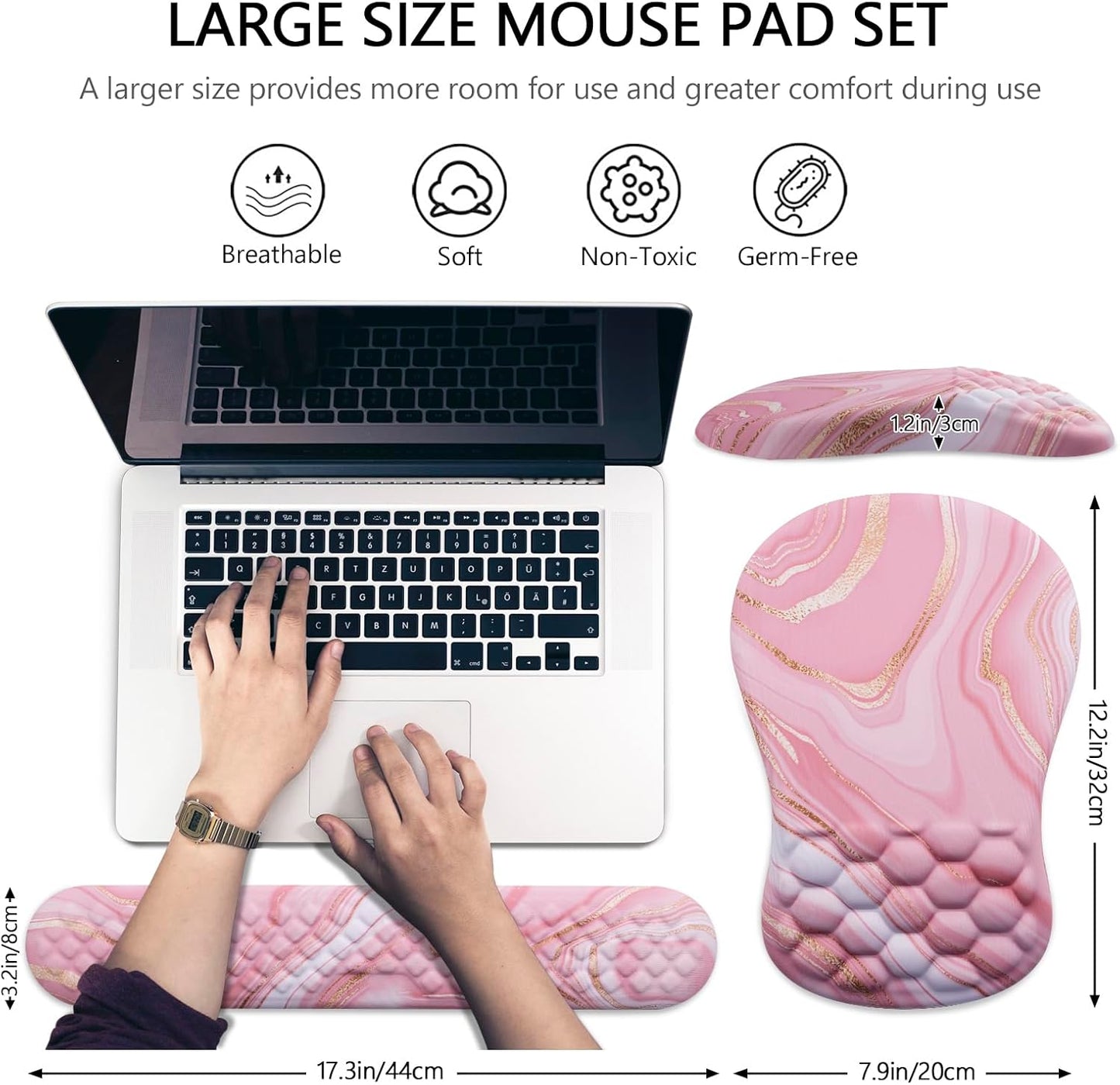 Mouse Pad Wrist Support, Laokiiy 2 in1 Keyboard Wrist Rest+ Ergonomic Mouse Pad, Non-Slip Wrist Rest for Computer Keyboard, Made Easy Typing & Relieve Wrist Pain(Rose Gold Pink Marble)