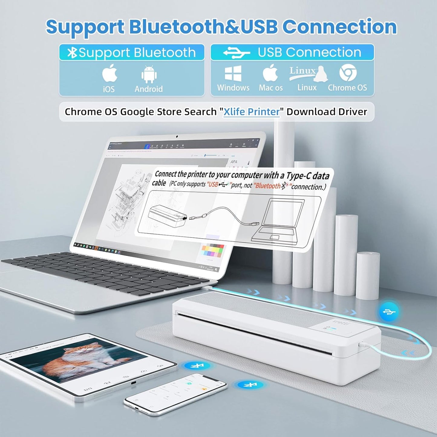 vretti P83 Portable Printers Wireless for Travel, A4 Portable Thermal Printer, Mobile Inkless Printer Compatible with Phone & Laptop, Supports 8.5 x 11 US Letter for Car School Office Home Use, White