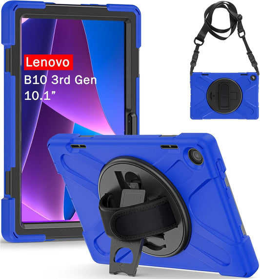 Junfire Shockproof Case for Lenovo Tab M10 3rd Gen 10.1 inch 2022, Heavy Duty Rugged Case with Hand Strap/360°Rotating Kickstand/Shoulder Belt for TB-326FU/TB-328XU,Blue