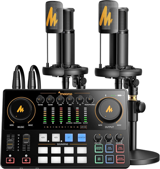 MAONO Podcast Equipment Bundle for 2: Audio Interface Mixer with 2 XLR Condenser Mic Noise Reduction Podcast Streaming MaonoCaster E2 Gen2B
