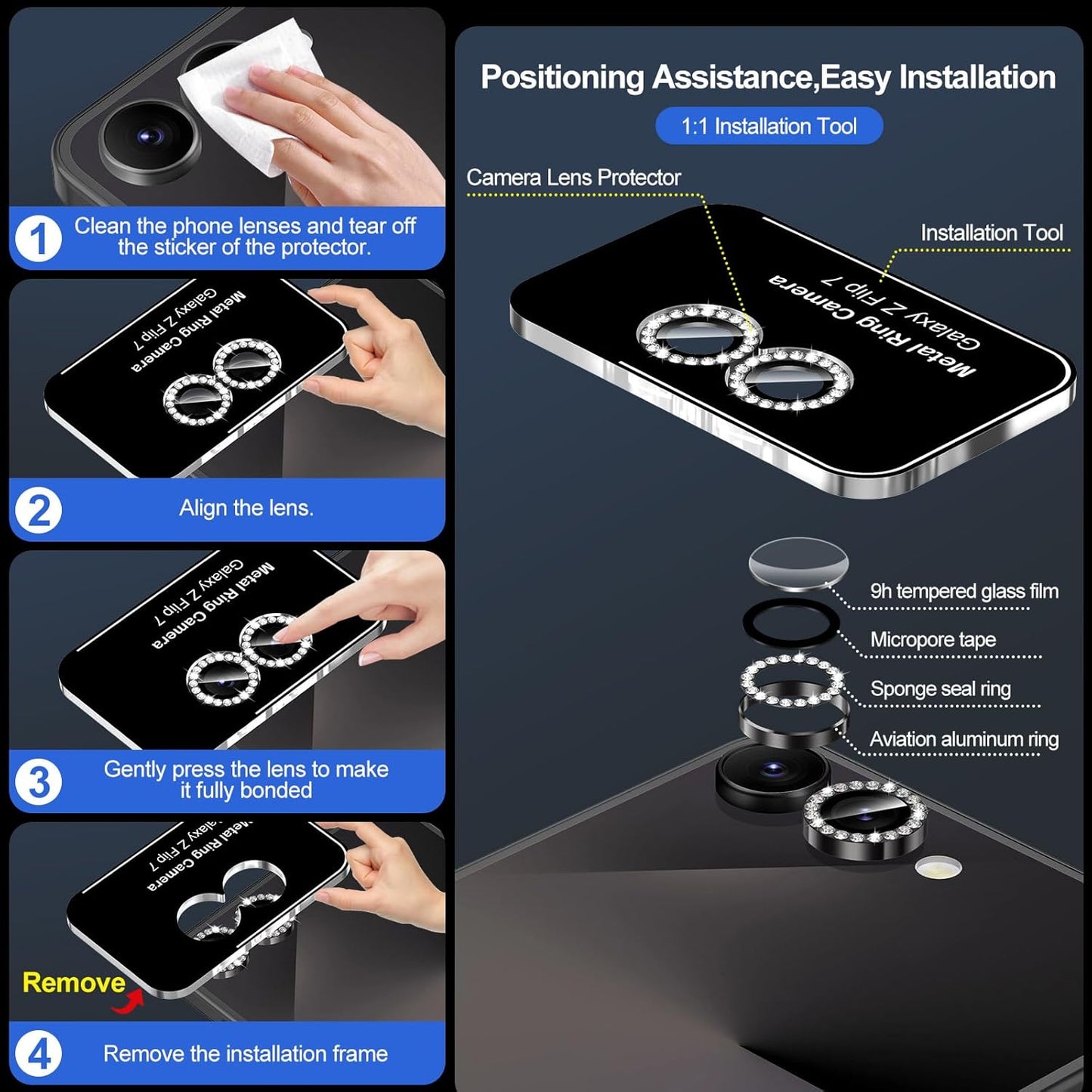for Samsung Galaxy Z Flip 7 Camera Lens Protector, Individual Metal Ring Tempered Glass Lens Cover, [Strong Adsorption] Scratch Resistant Ultra-Thin HD Clear Lens Cover, 1 Set-Black Diamond
