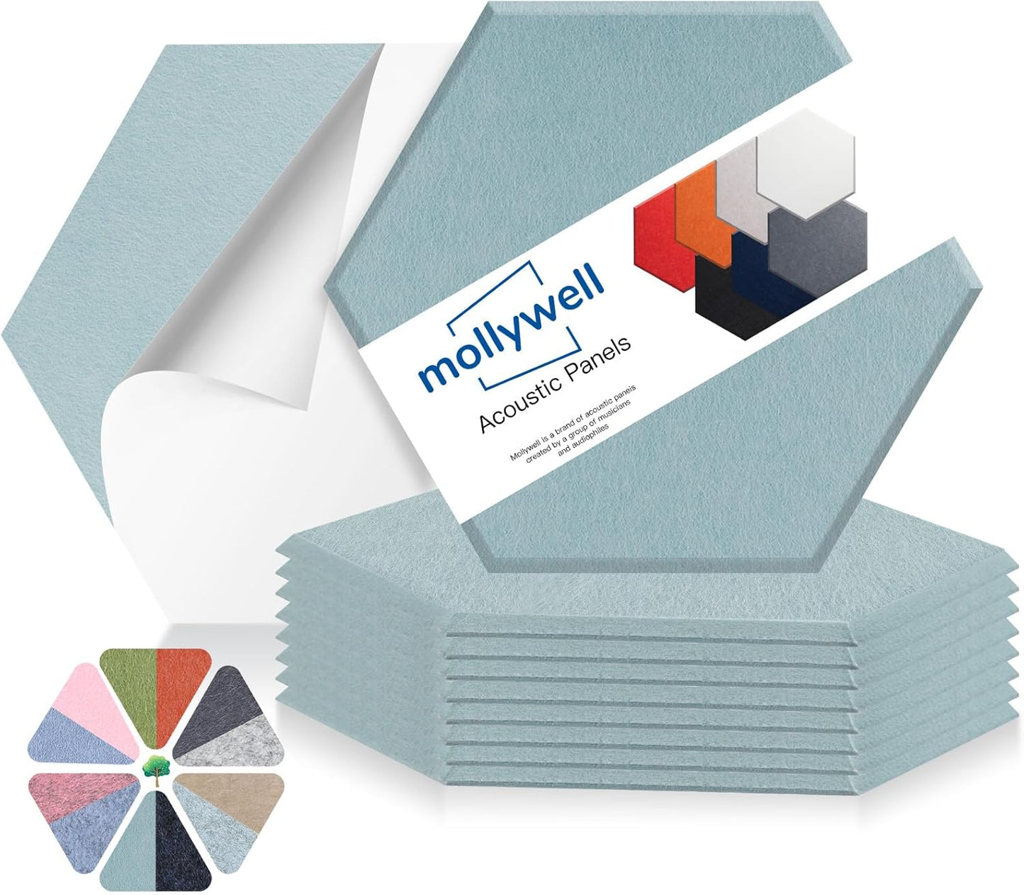 Mollywell Hexagon Acoustic Panels, High Density, Soundproofing, Decorative Noise Reduction Felt Wall Tiles for Ceilings, Home Office & Gaming Room (Smoke Green), 14x12x0.4 Inch