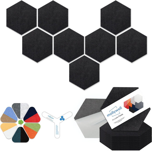 Mollywell Hexagon Acoustic Panels, High Density, Soundproofing, Decorative Noise Reduction Felt Wall Tiles for Ceilings, Home Office & Gaming Room (Black), 12x10x0.4 Inch