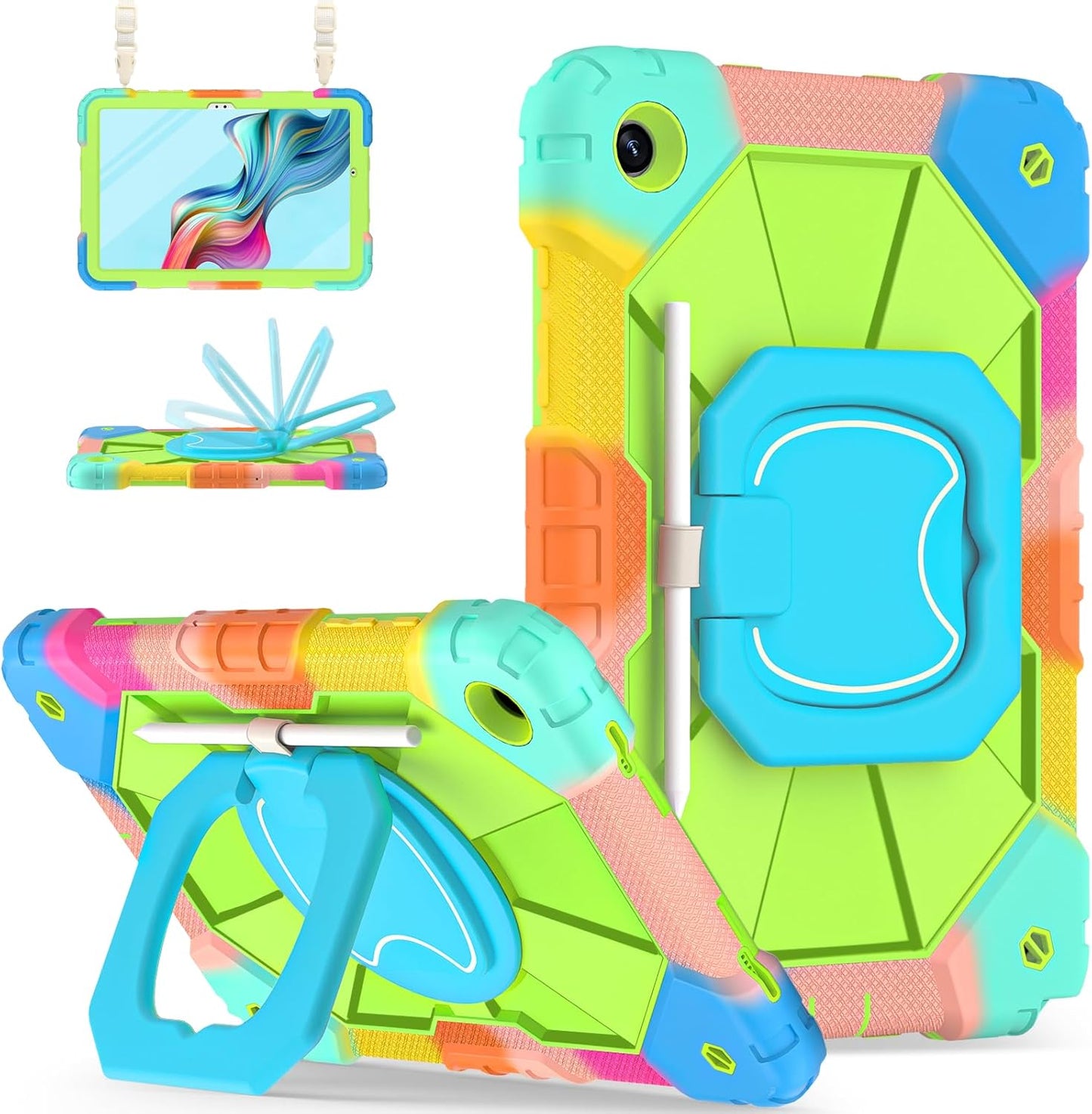 for Galaxy Tab A9 Plus Case 11 Inch, Rugged Case for Samsung Galaxy A9+ Tablet with Screen Protector 360 Rotating Stand Shoulder Strap Pen Holder, 2023 Model(SM-X210/X216/218), Rainbow Green