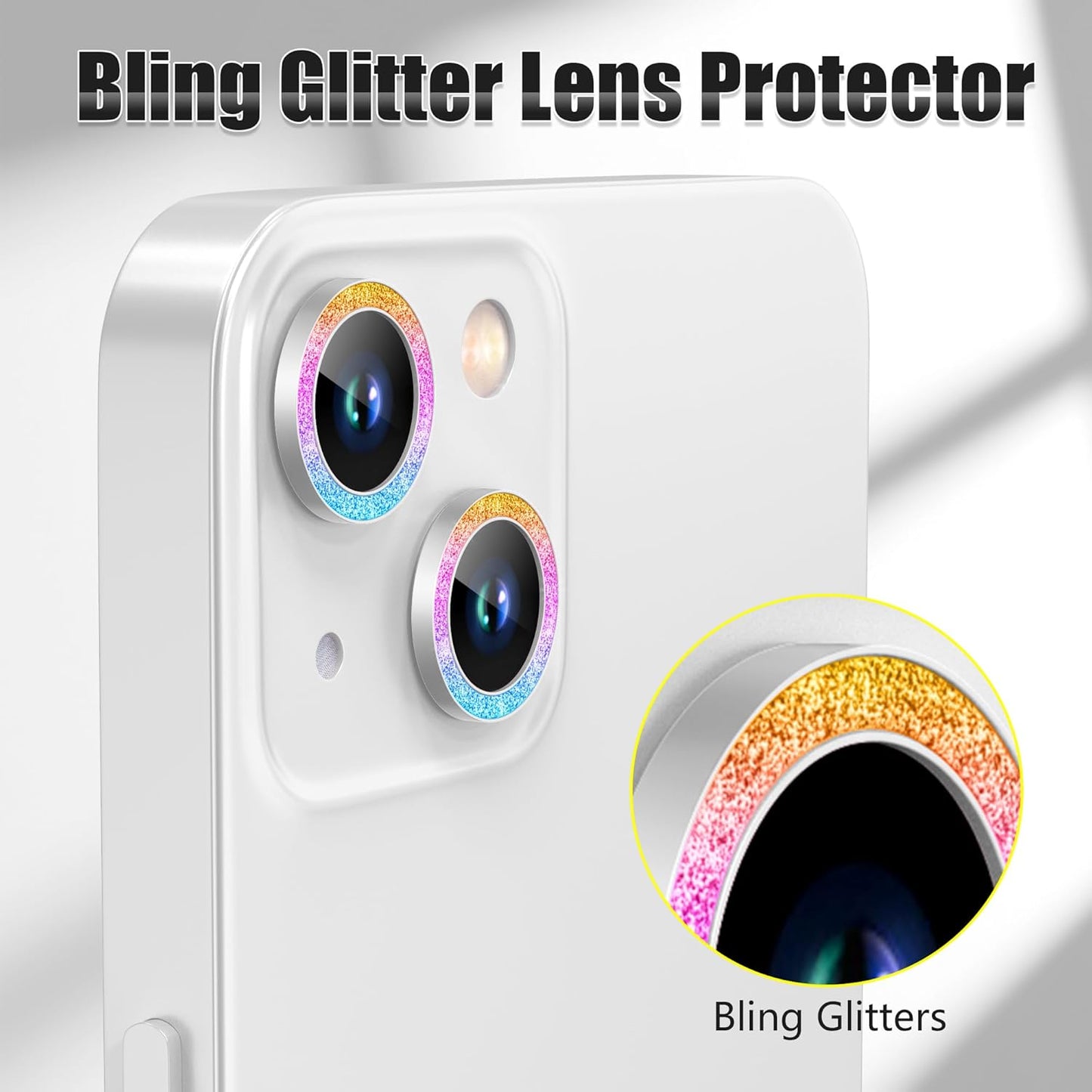 AGVEE 3+3 6 Pack for iPhone 13 6.1" / 13 Mini 5.4" Camera Lens Cover Protector, Bling Diamond & Bling Glitter Metal Ring 9H Tempered HD Glass Camera Cover Protector Film, Bling-Colorful