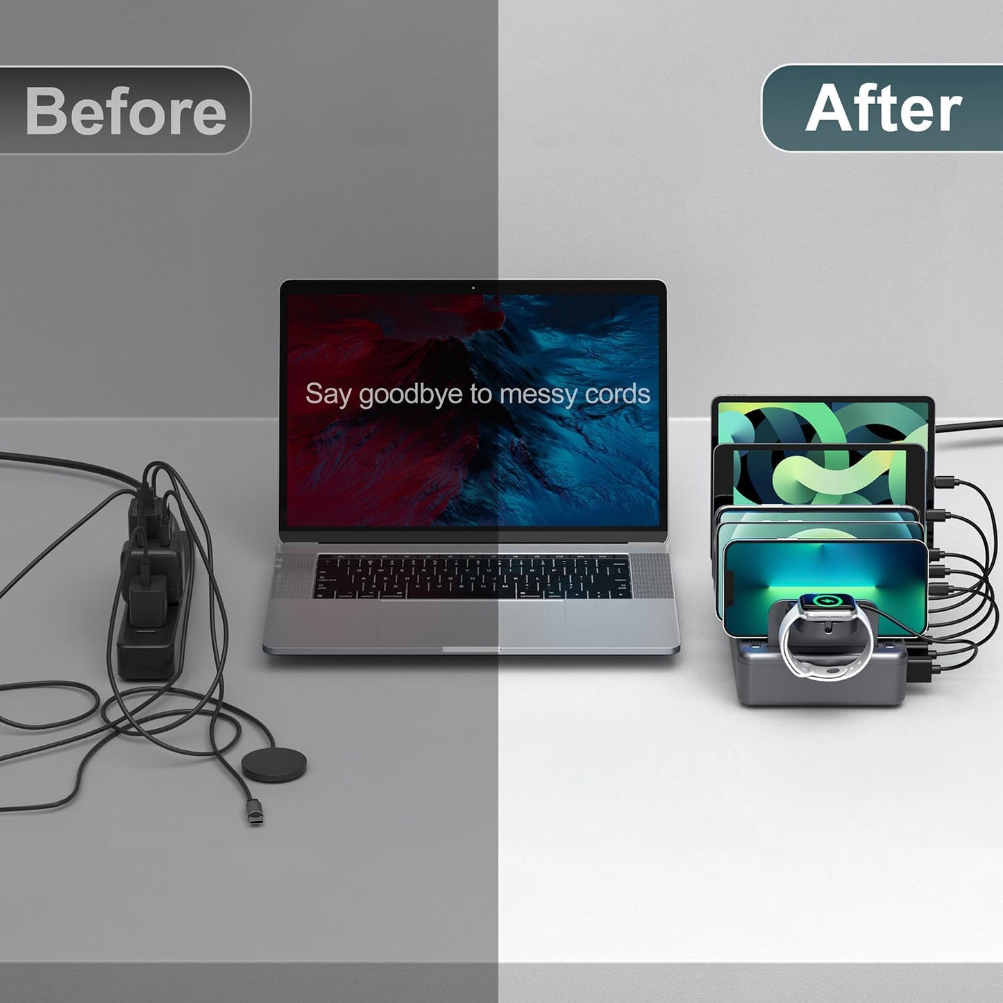 Charging Station for Multiple Devices, 6 in 1 Charger Station Multiple Charging Station for Cellphone Tablet iPhone iPad and More-50W Charging Dock with Mixed Charging Cables