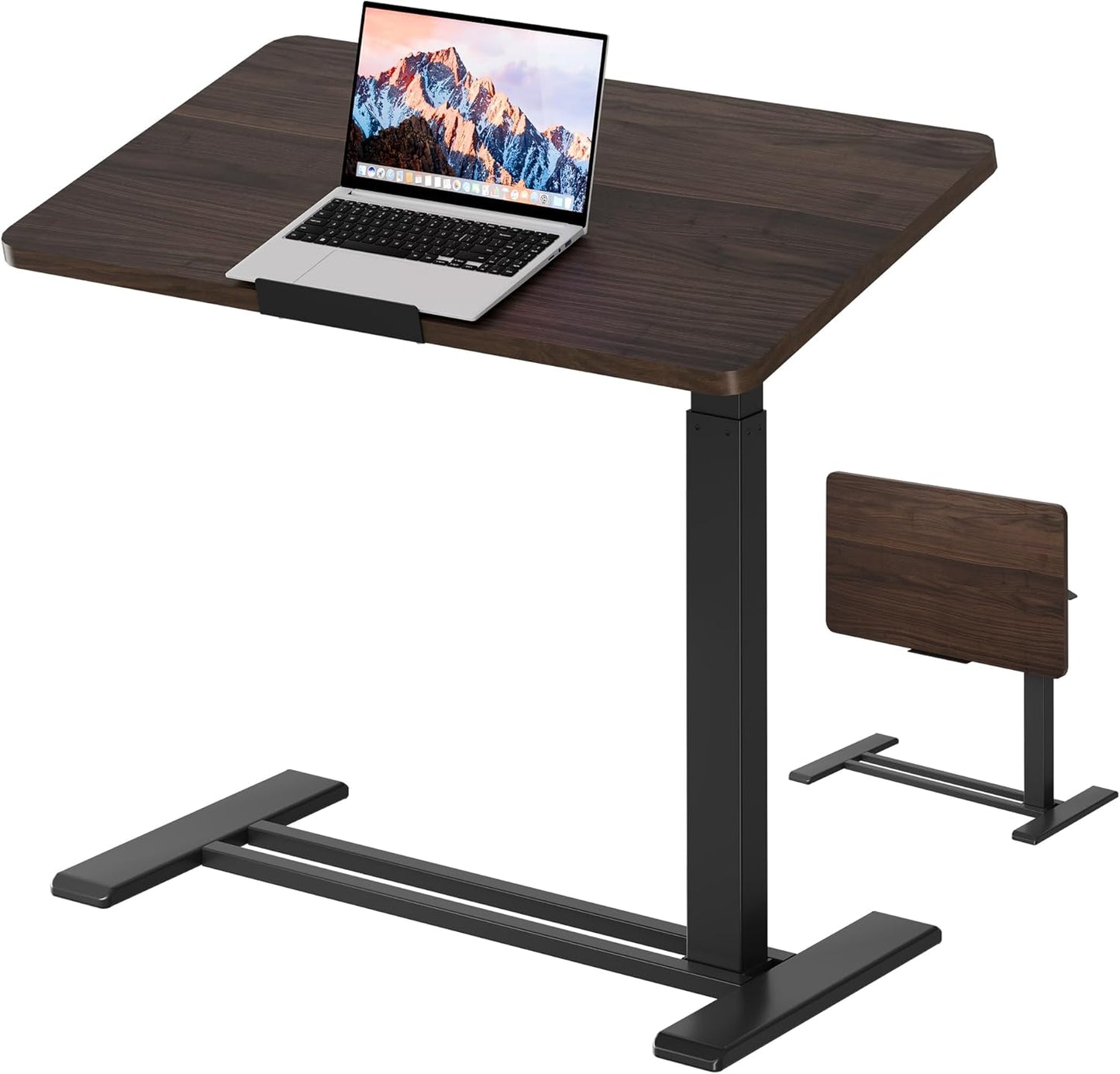 SANODESK Medical Adjustable Overbed Bedside Table with Casters 90° Tilt Top Pneumatic Mobile Rolling Laptop Computer Standing Desk Cart with Tray, Hospital and Home Use(31.5" W x 17.7" D,Rustic Brown)